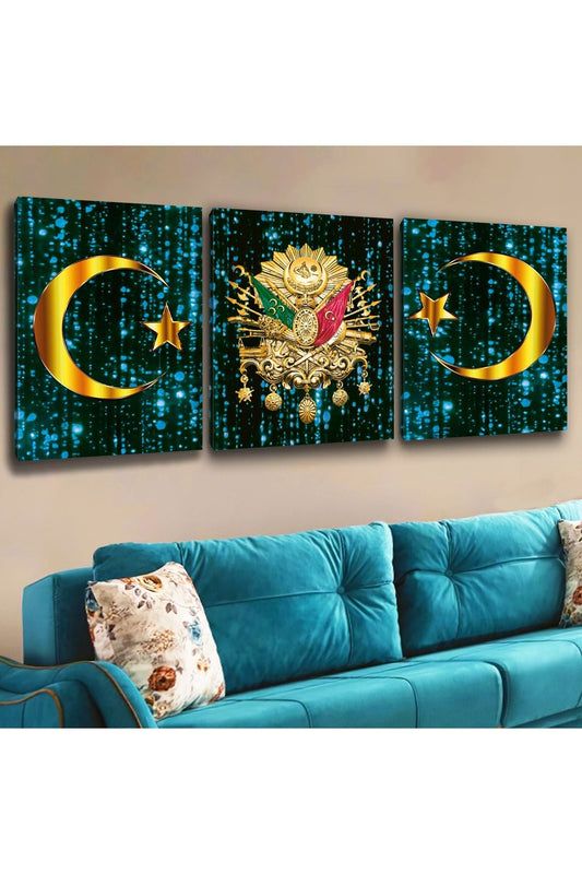 İntroya Mavi Osmanlı Tuğra Gold Hilal Kanvas Tablo 3 Adet