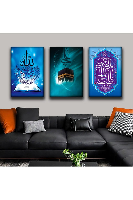 İntroya 3'Lü Kanvas Kabe Ve Allah Lafzı Tablosu