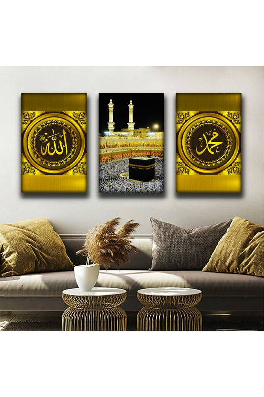 İntroya 3'Lü Kanvas Kabe Ve Allah Muhammed Lafzı Tablosu