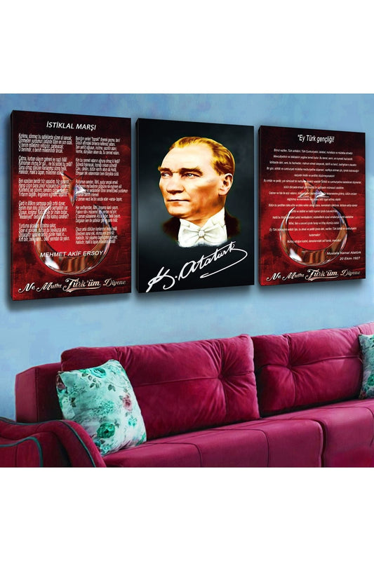 İntroya 3 Adet Istiklal Marşı - Atatürk - Gençliğe Hitabe Kanvas Tablo