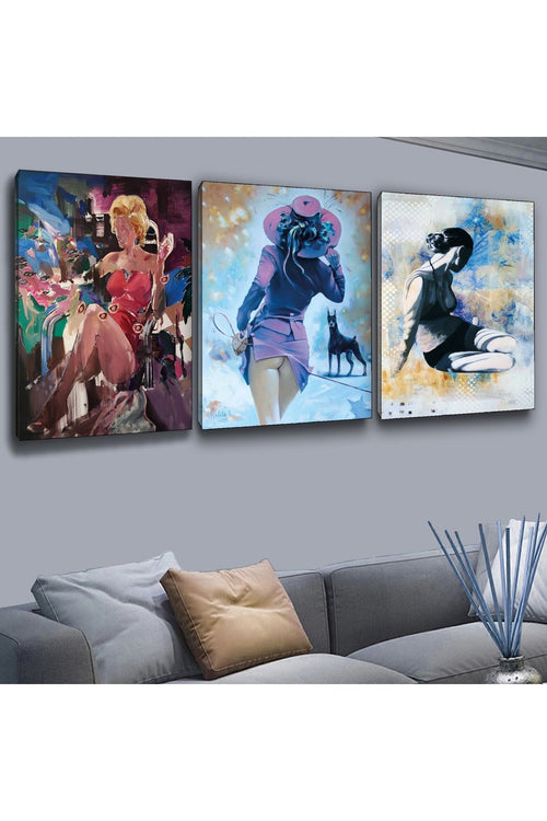 İntroya 3'Lü Kanvas Modern Kadın Tablosu