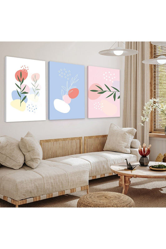 Minimalist Çiçek Soyut Desen 3'Lü Kanvas Tablo