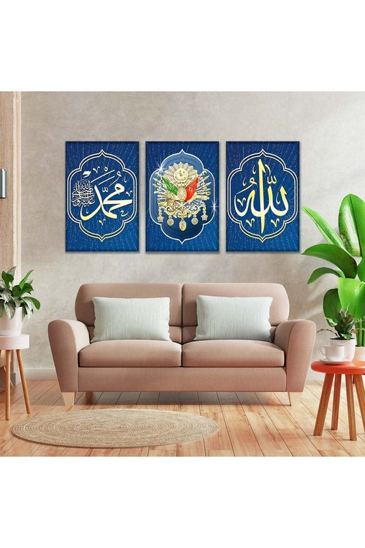 İntroya 3'Lü Kanvas Osmanlı Tuğrası Ve Allah Hz Muhammed Lafzı Tablo