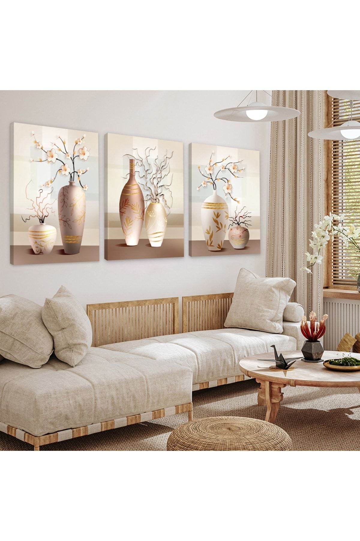 Minimalist Çiçek Soyut Desen 3'Lü Kanvas Tablo