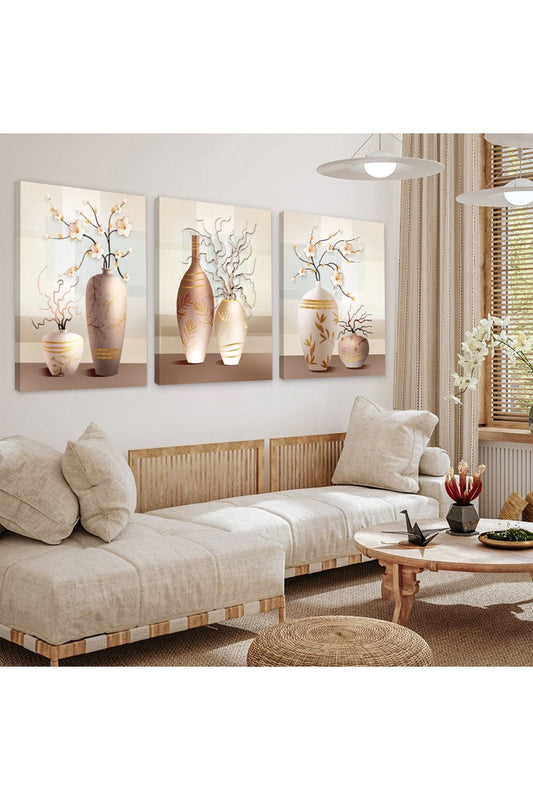 Minimalist Çiçek Soyut Desen 3'Lü Kanvas Tablo