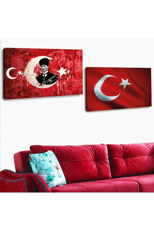 Kanvas 2'Li Atatürk Ve Türk Bayrağı Tablosu