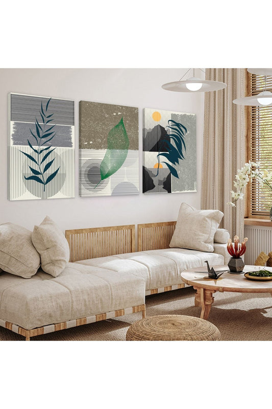 Minimalist Çiçek Soyut Desen 3'Lü Kanvas Tablo