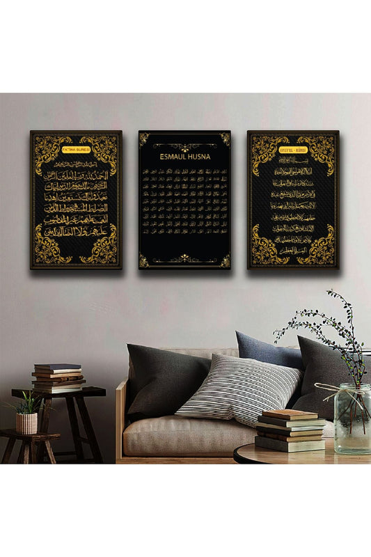 İntroya 3'Lü Kanvas Fatiha Süresi Ayetel Kürsi Ve Esmaül Hüsna Tablosu