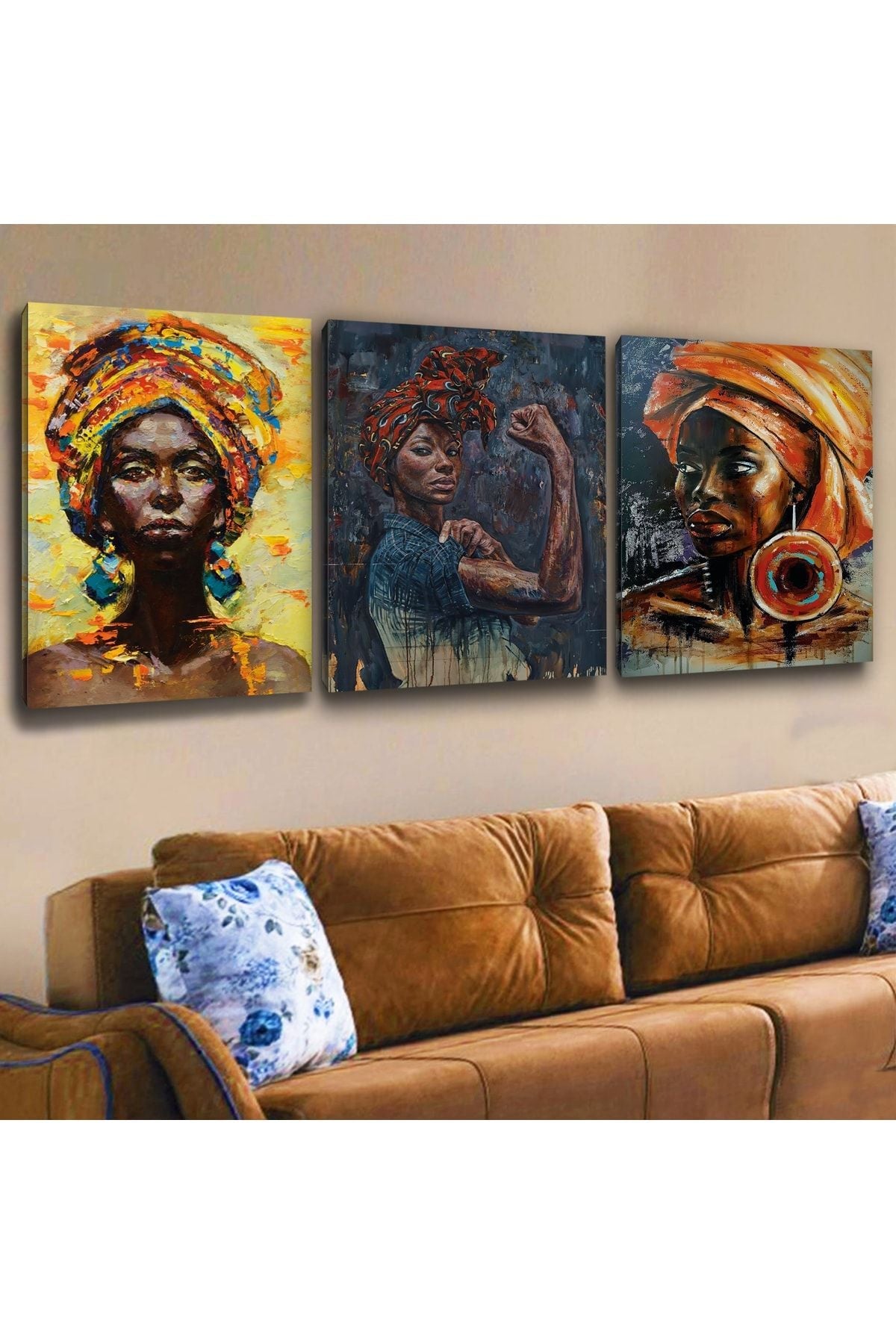 İntroya 3 Adet Güçlü Afrikalı Kadın Kanvas Tablo