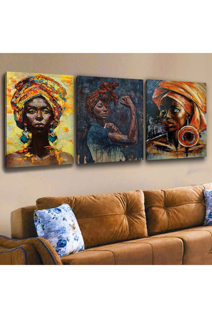 İntroya 3 Adet Güçlü Afrikalı Kadın Kanvas Tablo