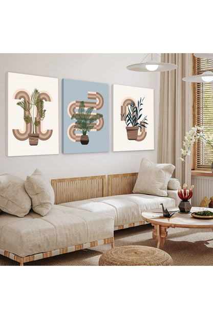 Minimalist Çiçek Soyut Desen 3'Lü Kanvas Tablo
