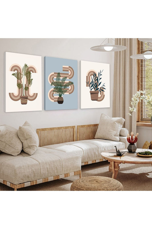 Minimalist Çiçek Soyut Desen 3'Lü Kanvas Tablo
