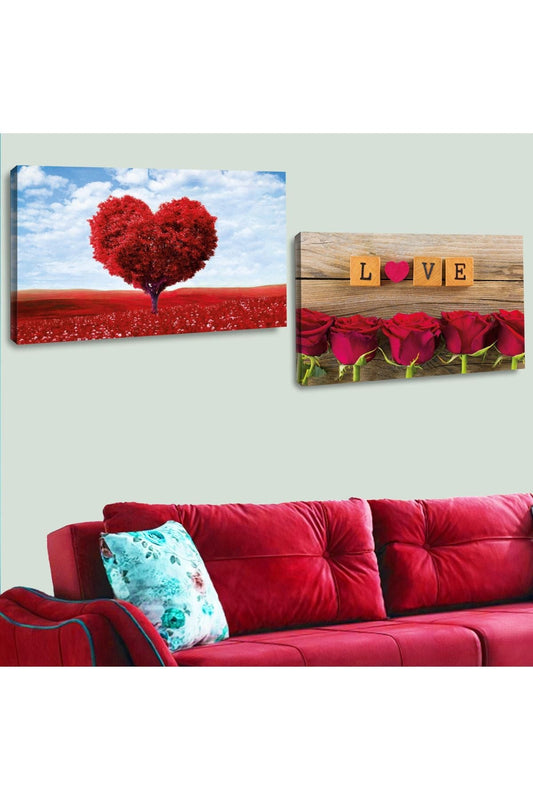Kanvas 2'Li Kalp Görünümlü Ağaç Ve Love Boncuk Tablosu