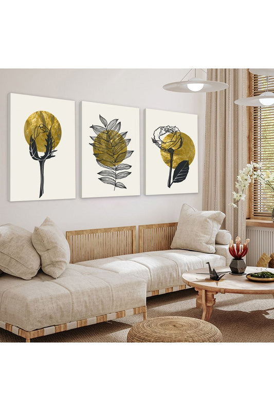 Minimalist Çiçek Soyut Desen 3'Lü Kanvas Tablo