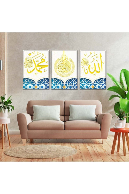İntroya 3'Lü Kanvas Hz Muhammed Ve Allah Lafzı Dini Tablo